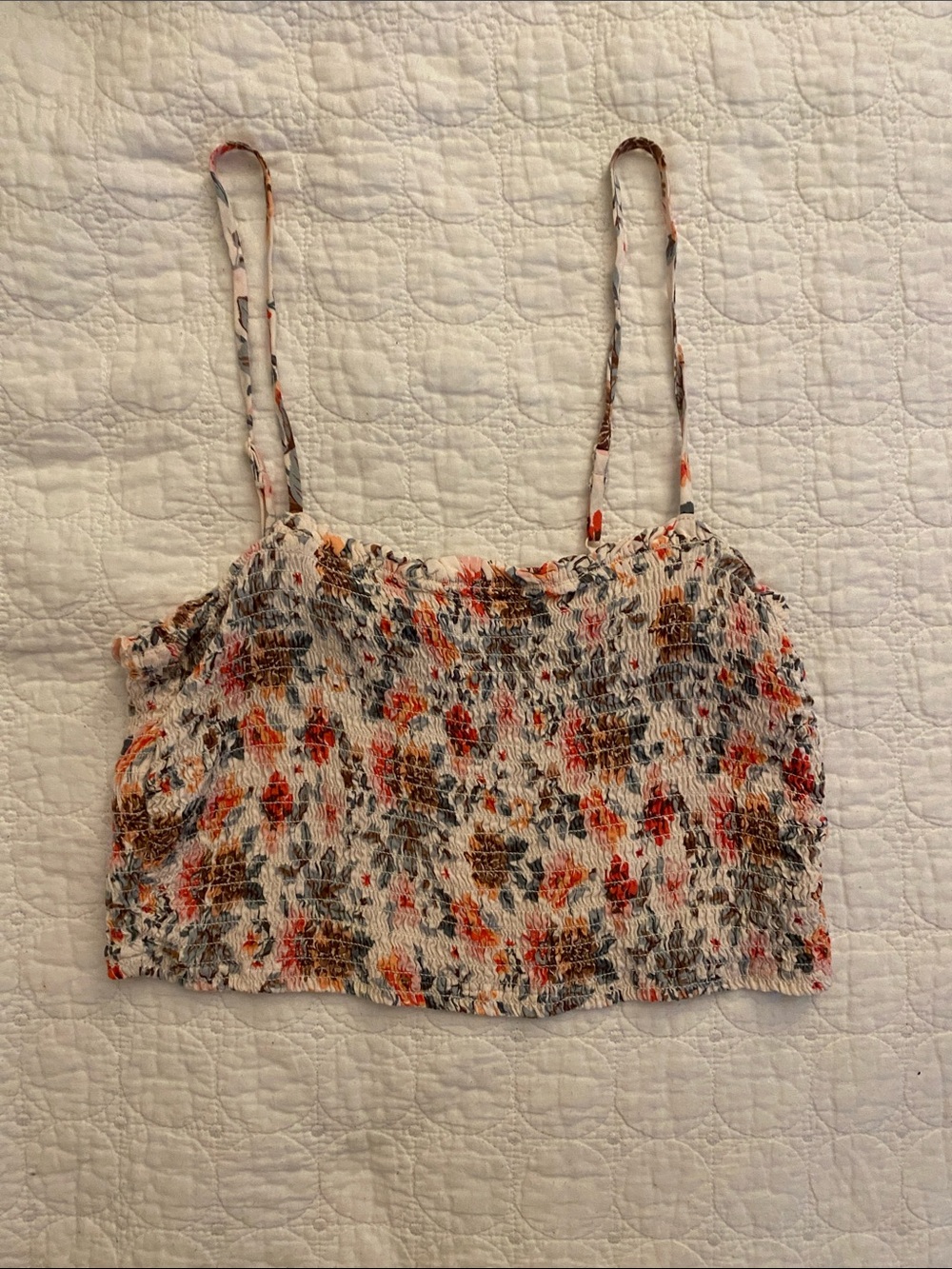 City Triangles White Smocked Floral top with pink & Brown Accents